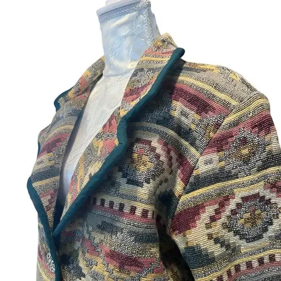 Vintage Patchwork Blazer Womens Size LP Tan Stripe Cotton Aztec Southwestern - Picture 8 of 16